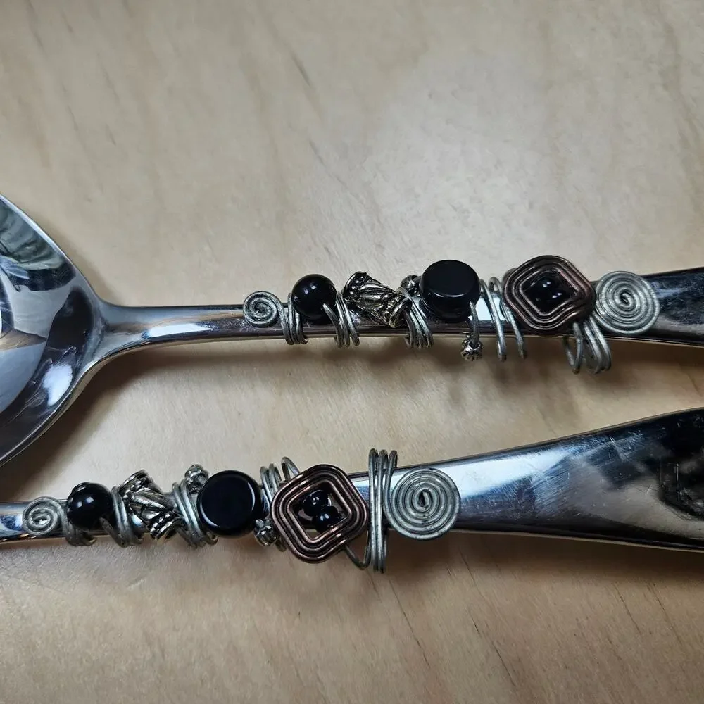 RARE Gorham 18/10 Stainless Wired beaded salad serving utensils Silver and Black